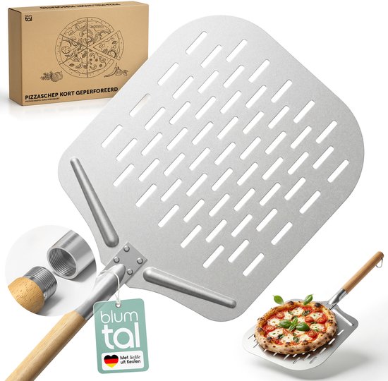 Geperforeerde pizzaspade met houten handvat, doos en een kleine pizza erop. Gemaakt in Duitsland.
