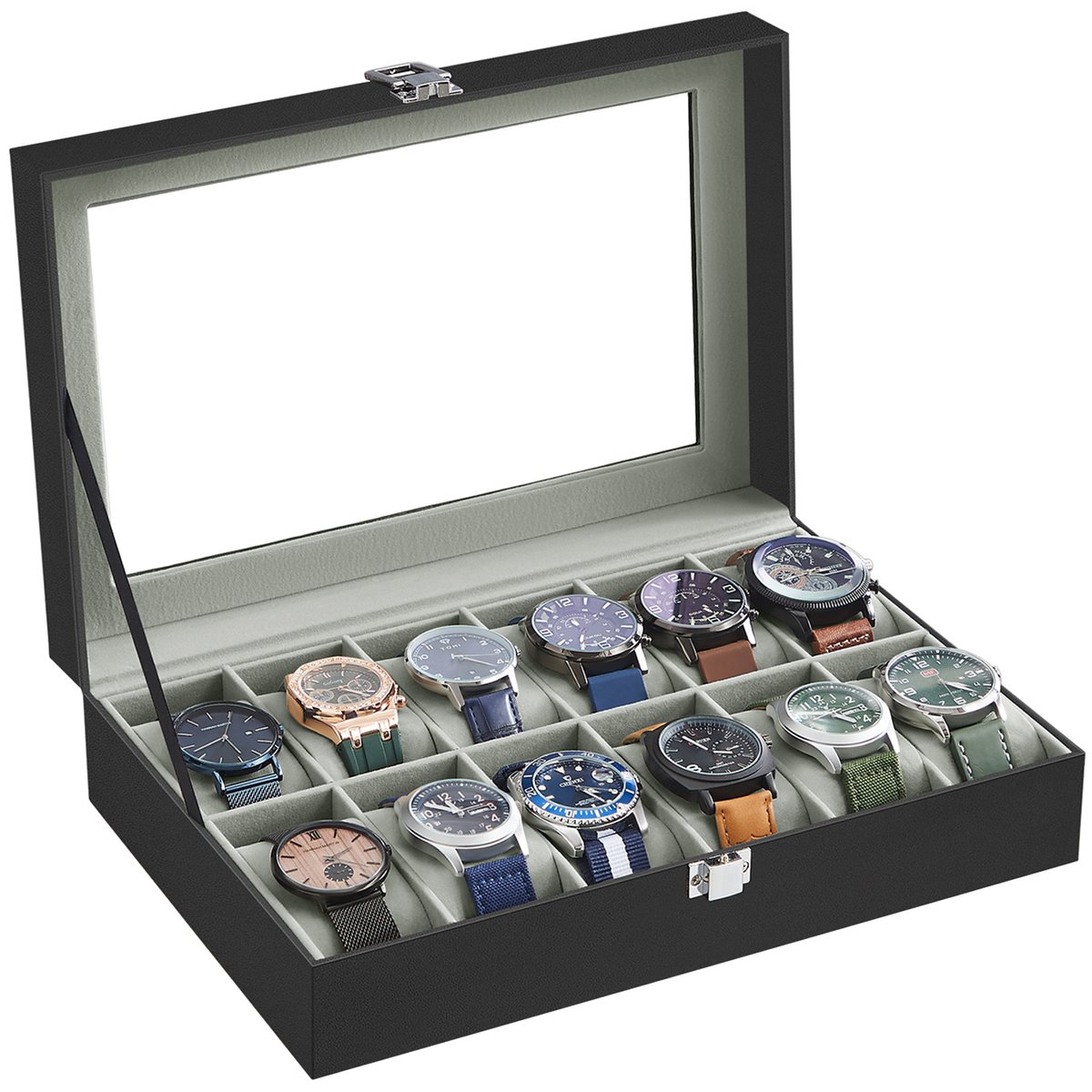 SONGMICS - Horloge Doos - Horlogedoos met 12 vakken - Glazen deksel - Uitneembare horlogekussens - Metalen sluiting
