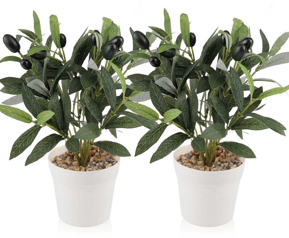 Dailygoods- Kunstplanten - 8-Piece Olijfboom Set - Kunstplanten voor Binnen - Decoratieve Planten - Onderhoudsvrij - Inclusief 2 Potten (10cm) - Nepplanten
