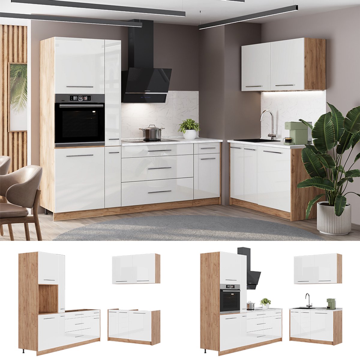 Vicco Keuken Fame-Line, Wit Hoogglans/Goudkleurig Eiken, 220 x 120 cm zonder werkblad