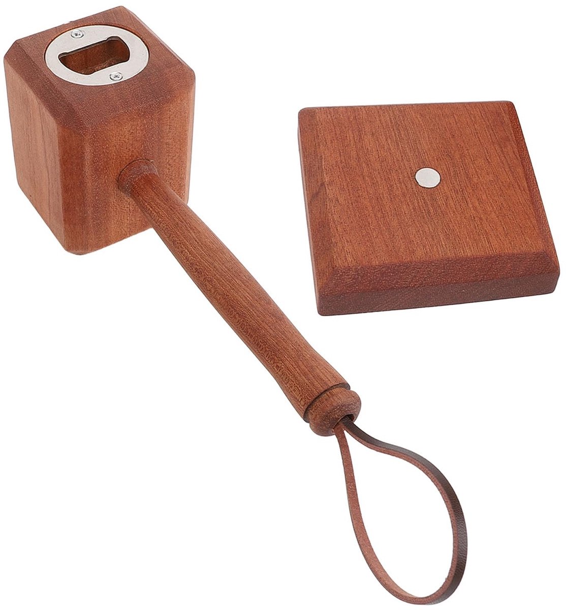 Dailygoods- Flesopener Houten Bieropener met Standaard - Roestvrij Staal - Lichtgewicht - Hamer - Afmetingen 8,4 x 8,4 cm - Ideaal voor Bierliefhebbers