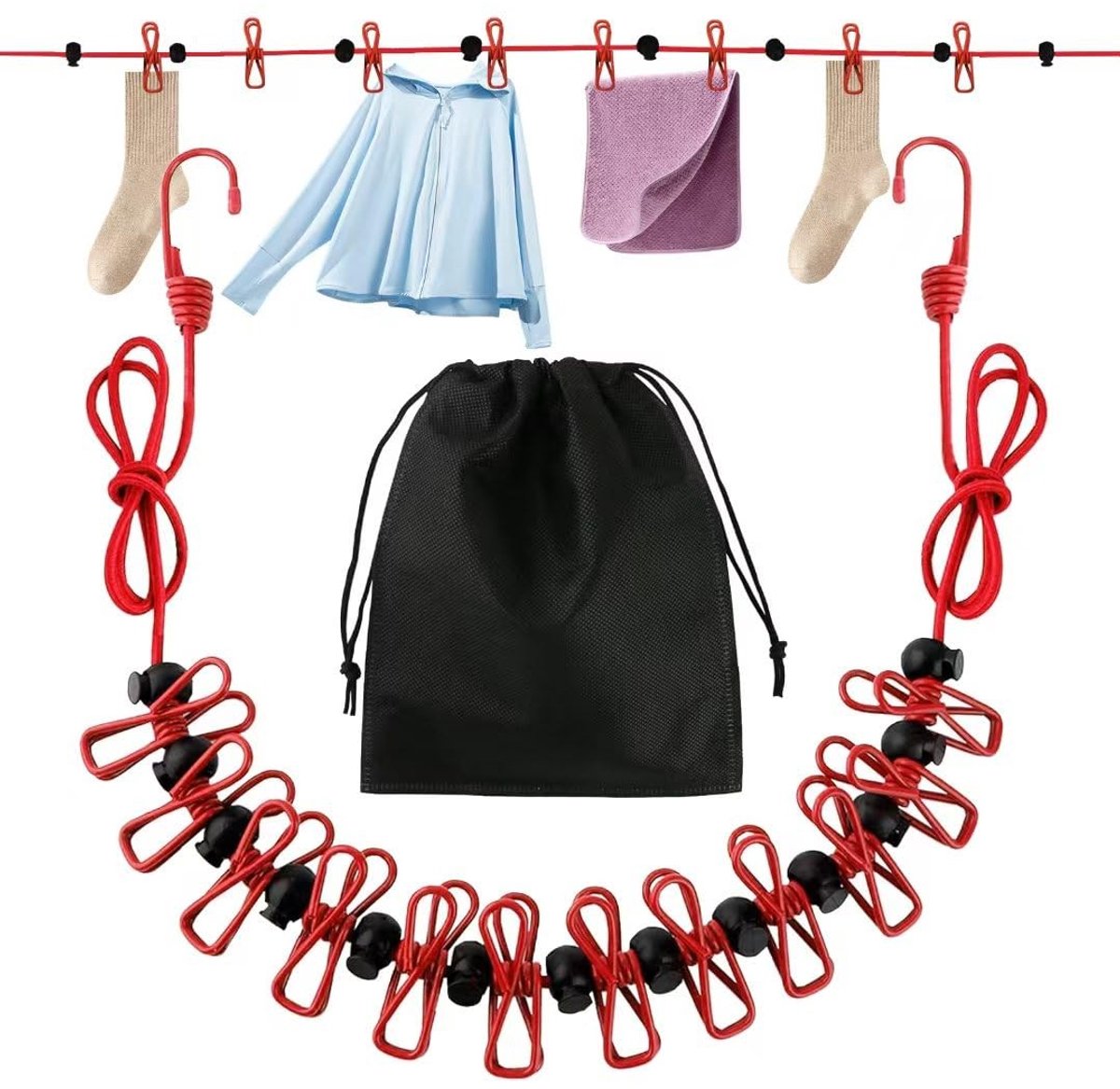 Dailygoods - Waslijn camping, reiswaslijn met 12 stuks klemmen en opbergtas, draagbare uittrekbare waslijn voor outdoor, tuin, reizen, drogen in de open lucht