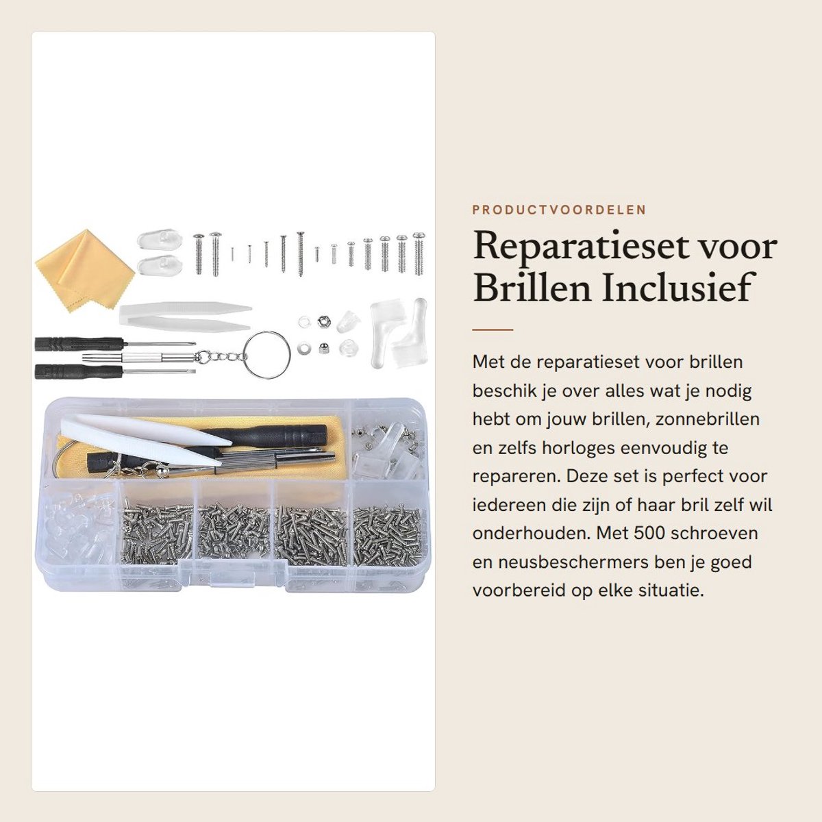 Dailygoods- Reparatieset 500 roestvrijstalen schroeven - Neusbeschermers - Pincet - Schoonmaakdoek - Multifunctionele schroevendraaier - Voor brillen en horloges - Brillenreparatieset