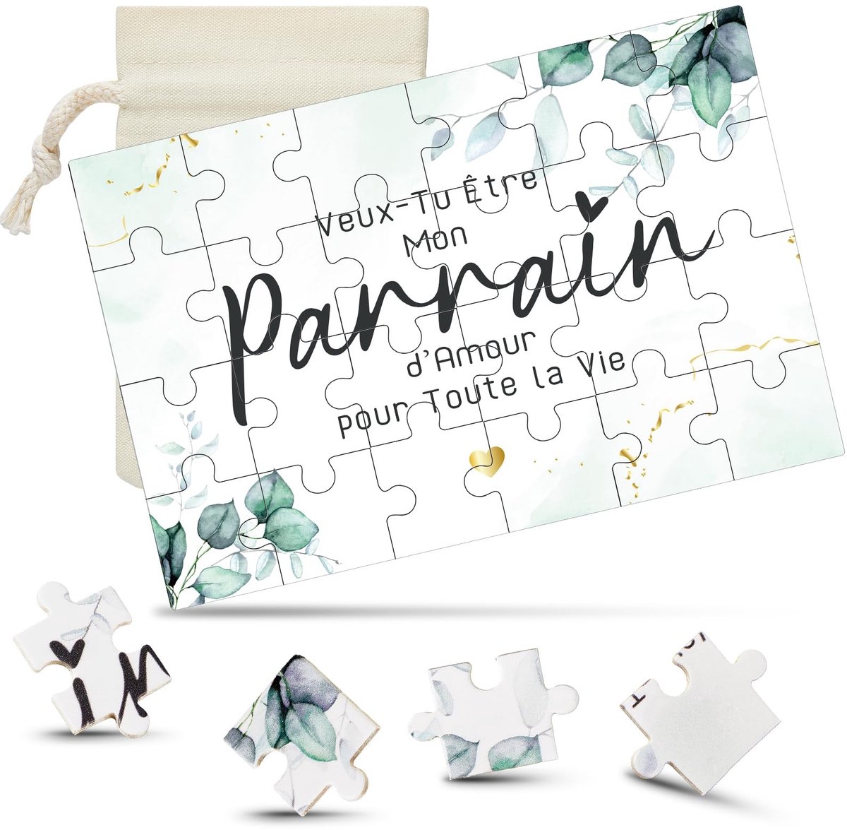 Dailygoods - Threan Cadeauset voor peetvader houten peettante puzzel peetvader aankondiging puzzel peetvader toekomstige puzzel met canvas trekkoord zak voor doop (peetvader)