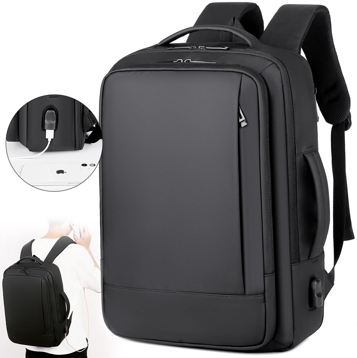 Waterdichte rugzak - 17-inch zakelijke forenzenrugzak - Laptoptas - Premium herenrugzak - Geschikt voor casual gebruik, reizen, werk, laptopgebruik, school - Rugzak met grote capaciteit - Unisex - 44*32*15 cm - Zwart