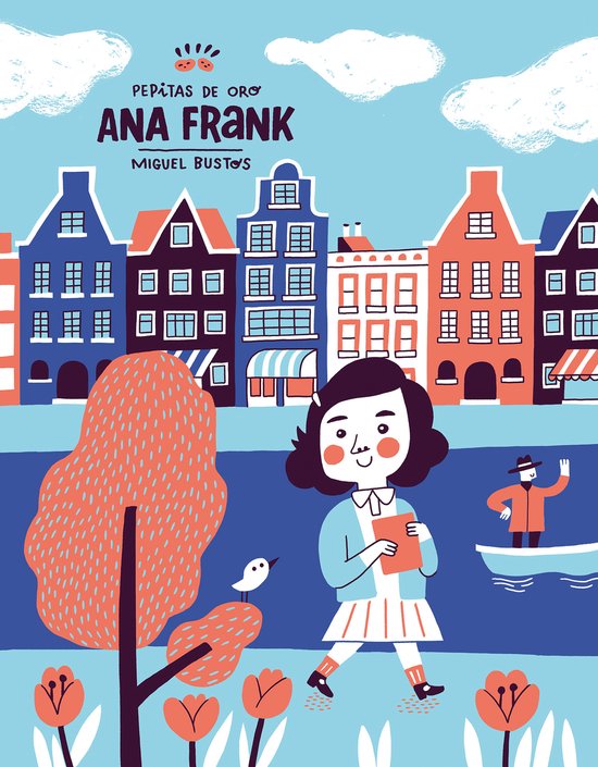 Het boek 'Ana Frank' met een illustratie van Ana Frank lopend langs grachtenpanden, een boom, bloemen en een bootje met een man.