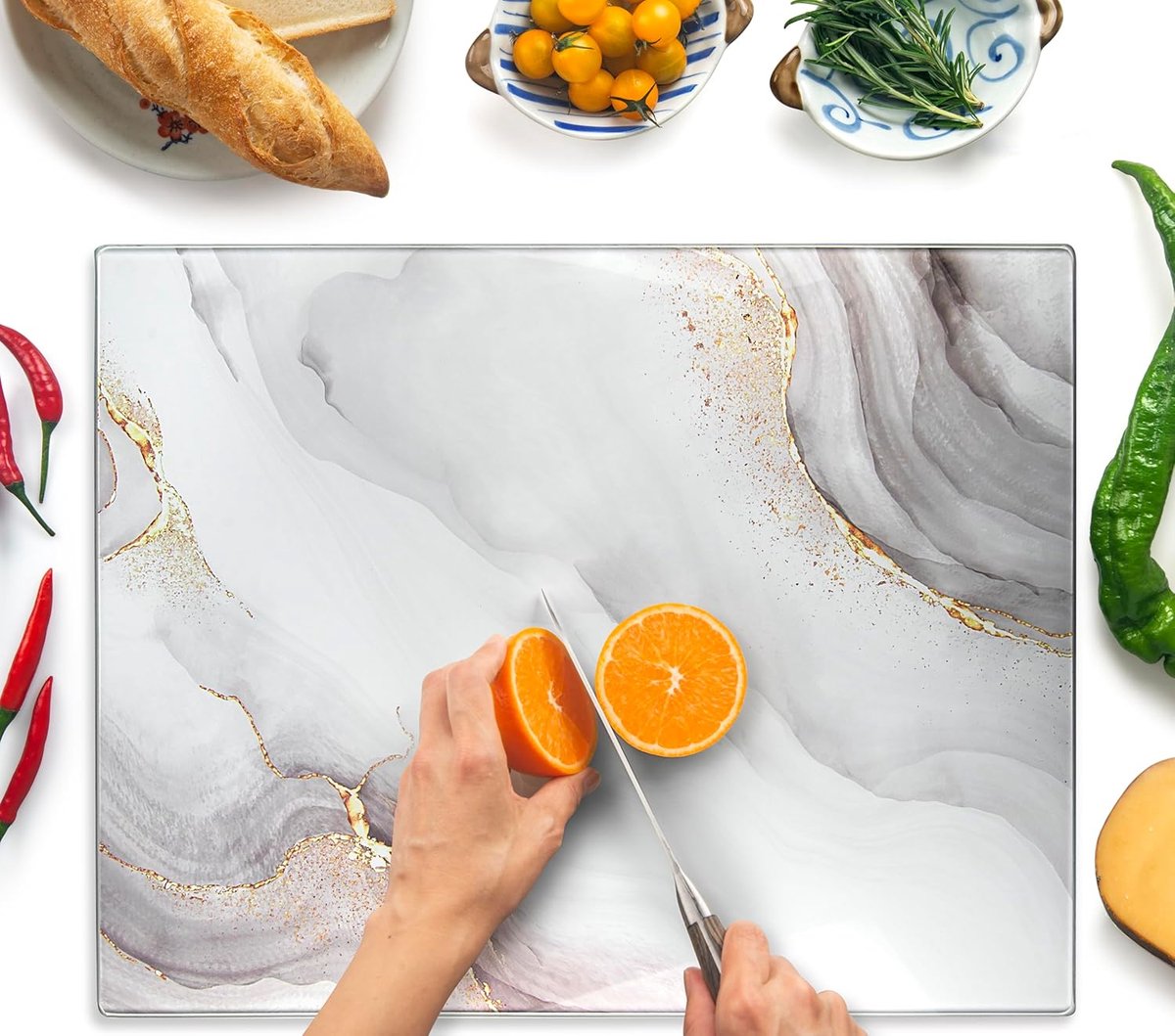 Glazen Snijplank 50×40 cm – Glass Cutting Board – Breukbestendig, Hittebestendig & Antislip – Wit & Goud