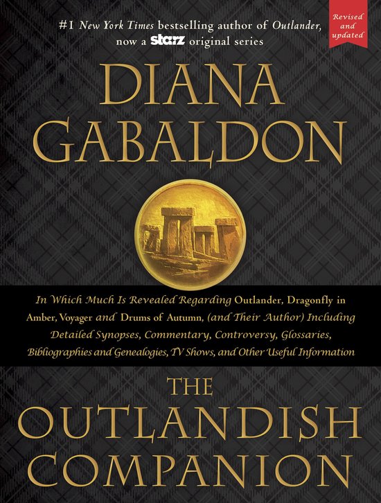 Boekomslag "The Outlandish Companion" door Diana Gabaldon. Goudkleurige tekst op donkere ruitjes achtergrond. Inclusief "Revised and updated".