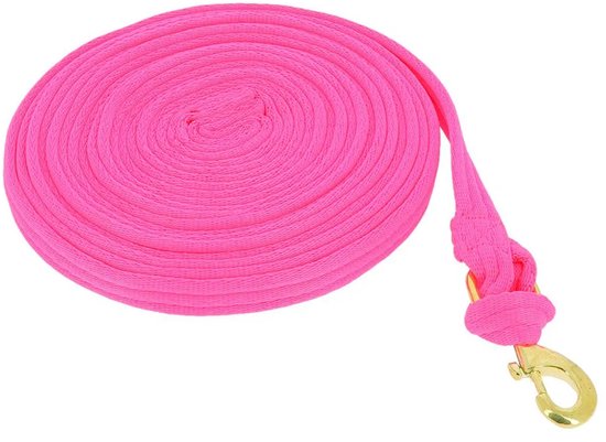 Roze halstertouw van 8 meter, opgerold met een gouden karabijnhaak.