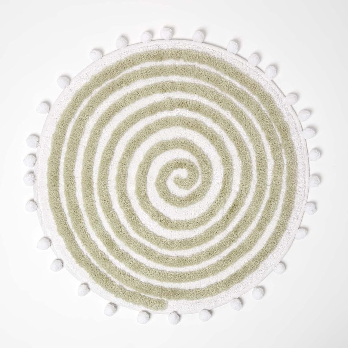 Spiraalvormige badmat van katoenmix, saliegroen, super absorberend, getuft, ronde badmat met pompons, 60 cm rond