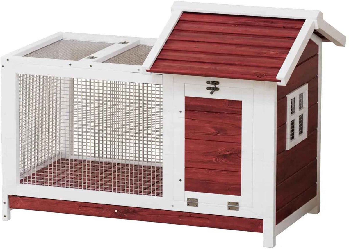 CORE Konijnenhok - Houten Dierenverblijf met Metalen Gaas - Konijnenkooi met Oploop, Dak en Gesloten Bodem - Buitenhok voor Konijnen, Cavia's en Andere Kleine Huisdieren - 102x60x72 cm - Rood hout en wit
