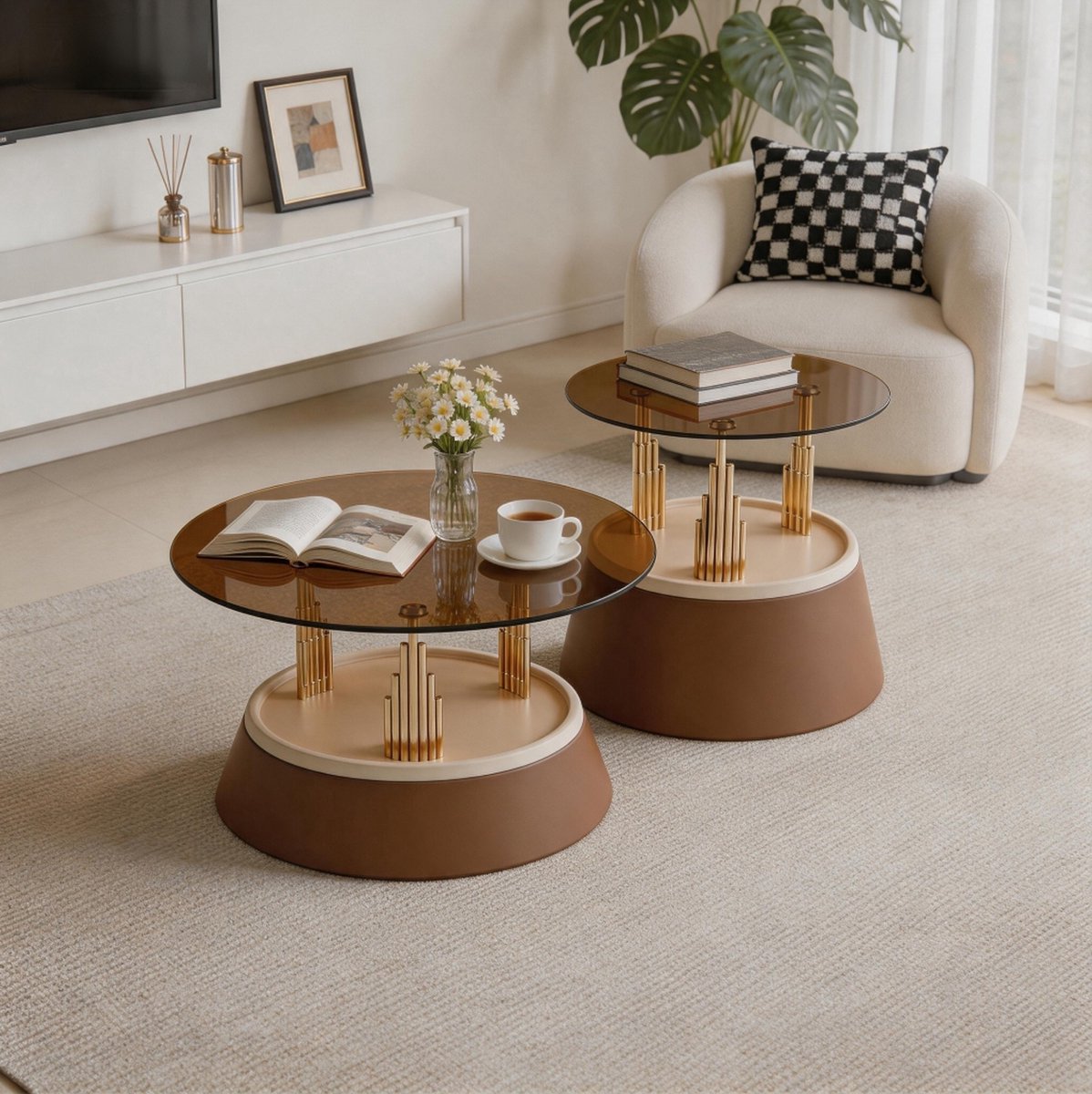 OKWISH Salontafel - 2-delige Nesttafel Met Ronde Glasplaat - Voor Woonkamer En Decoratie - Gehard Glas En Metaal Bruin - 73,5 x 73,5 x 34 cm