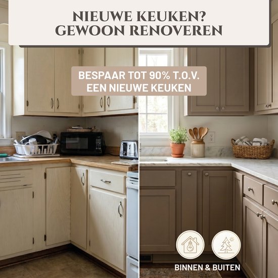 Keukenrenovatie voor en na met LM-Kreativ verf. Tekst: Nieuwe keuken? Gewoon renoveren. Bespaar tot 90%.