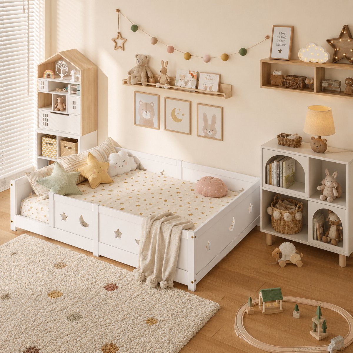 MEXUS Kinderbed 140x200 cm - Montessori bed - met valbeveiliging en lattenbodem - Tweepersoonsbed - uitgesneden sterren en manen - Vloerbed - Peuterbed - Voor jongens en meisjes - Wit
