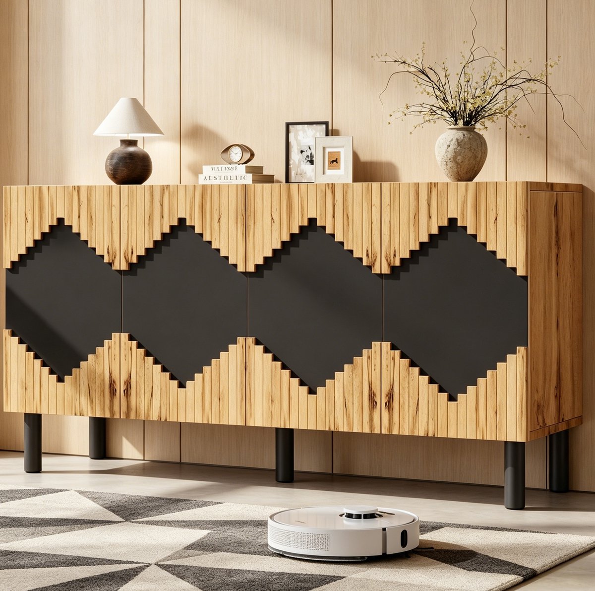 FloraGrace Dressoir - Push-Open Opbergkast - Voor Woonkamer, Eetkamer En Hal - MDF En Spaanplaat - 140x40x70 Cm - Naturel Zwart