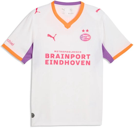 Wit Psv Eindhoven T-shirt met oranje en paarse accenten op de mouwen en kraag. Met logo's en 'Metropoolregio Brainport Eindhoven' op de voorkant.