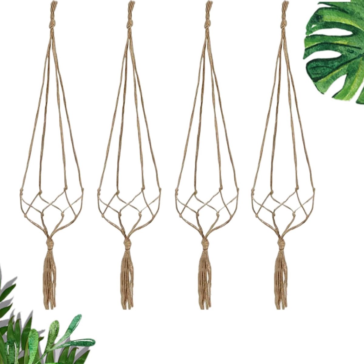 4 stuks 90 cm macramé plantenhanger, boho-stijl jute touw plant hanger houder handgemaakte geweven hangende manden netten, buiten en binnen hangende mand voor tuin, kantoor, huis