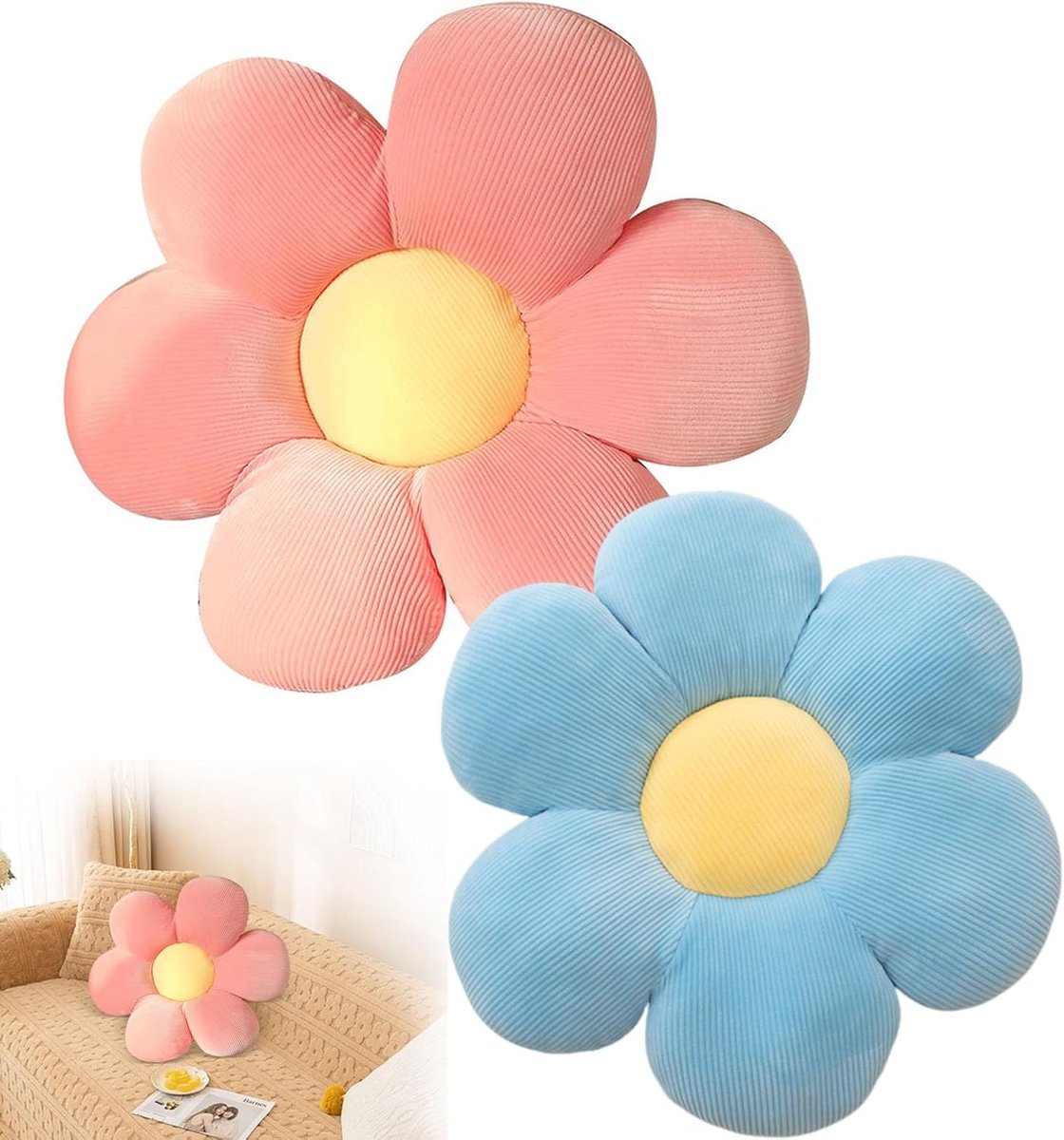 vloerkussen, 2 stuks bloemvloerkussen, zitkussen, 38 x 38 cm, bloemvloerkussen, tatami bloemvormig, zacht bloembladkussen, bloemvorm voor slaapkamer, bank (roze en blauw)