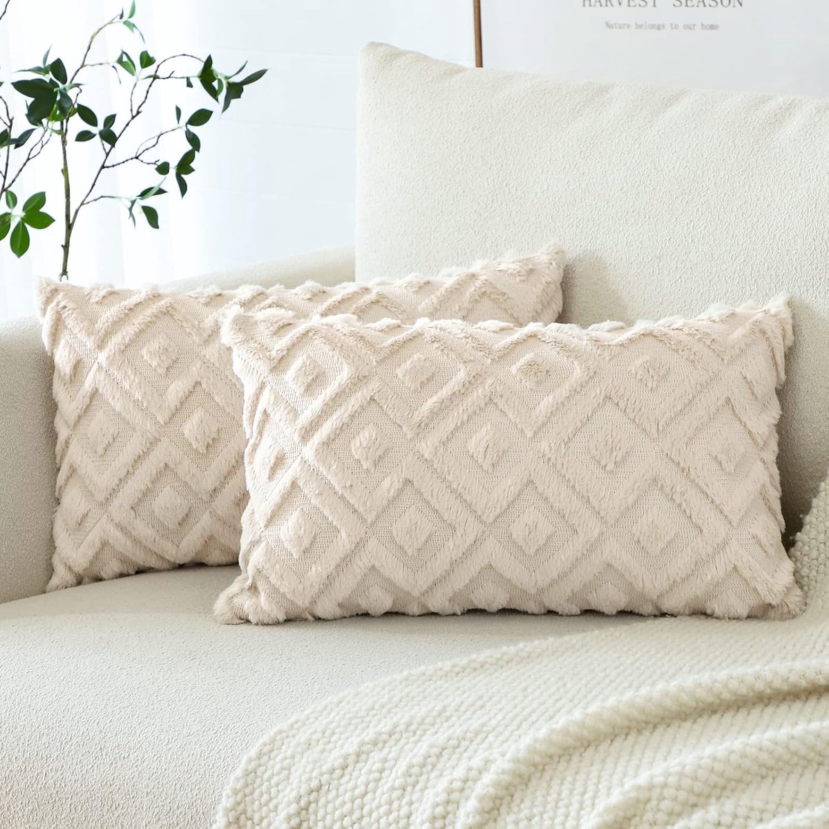 Kussenhoezen, zacht pluche, kort wolfluweel, decoratieve kussenovertrekken, luxe bankkussens, boho-kussenhoes voor bank, slaapkamer, geometrisch, crème, beige, 30 x 50 cm