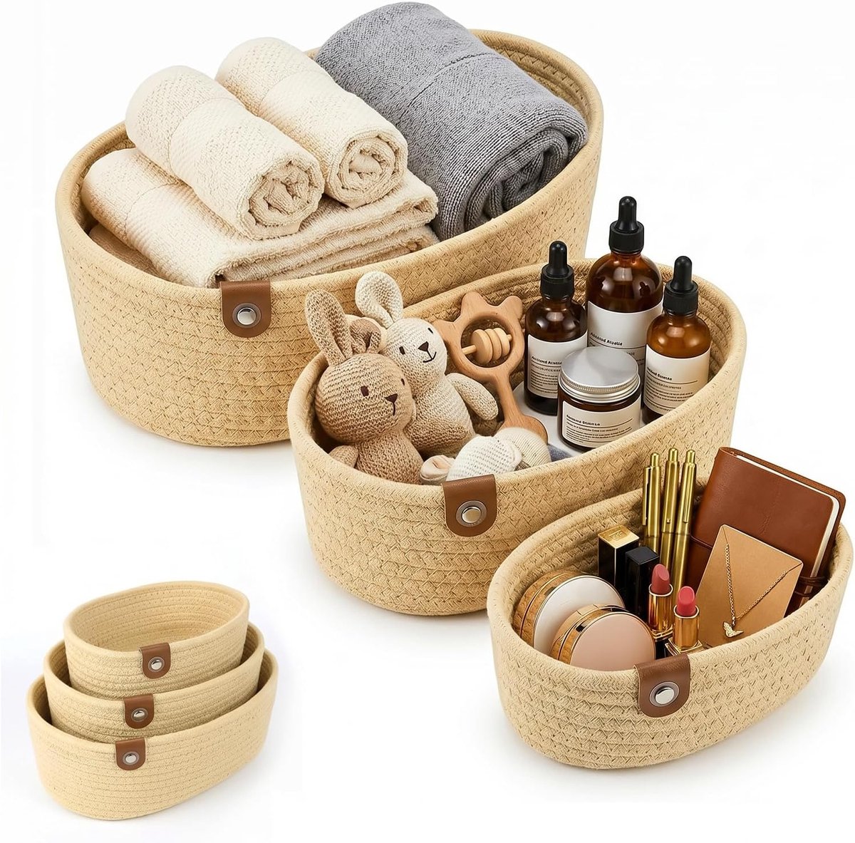 Hangende organizer, hangorganizer met haken, aan de muur hangende tas voor 3 lagen, stoffen wand van geweven katoenen touw, voor woonkamer, slaapkamer, badkamer, kinderkamer (C-geel)