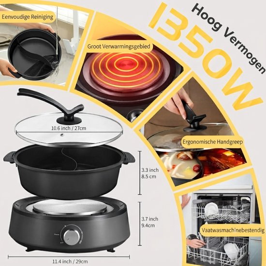 Hotpot - 4L - Hotpot Pan - Hotpot Electrisch - Zwart - 29cm x 29cm x 18cm — afbeelding 2