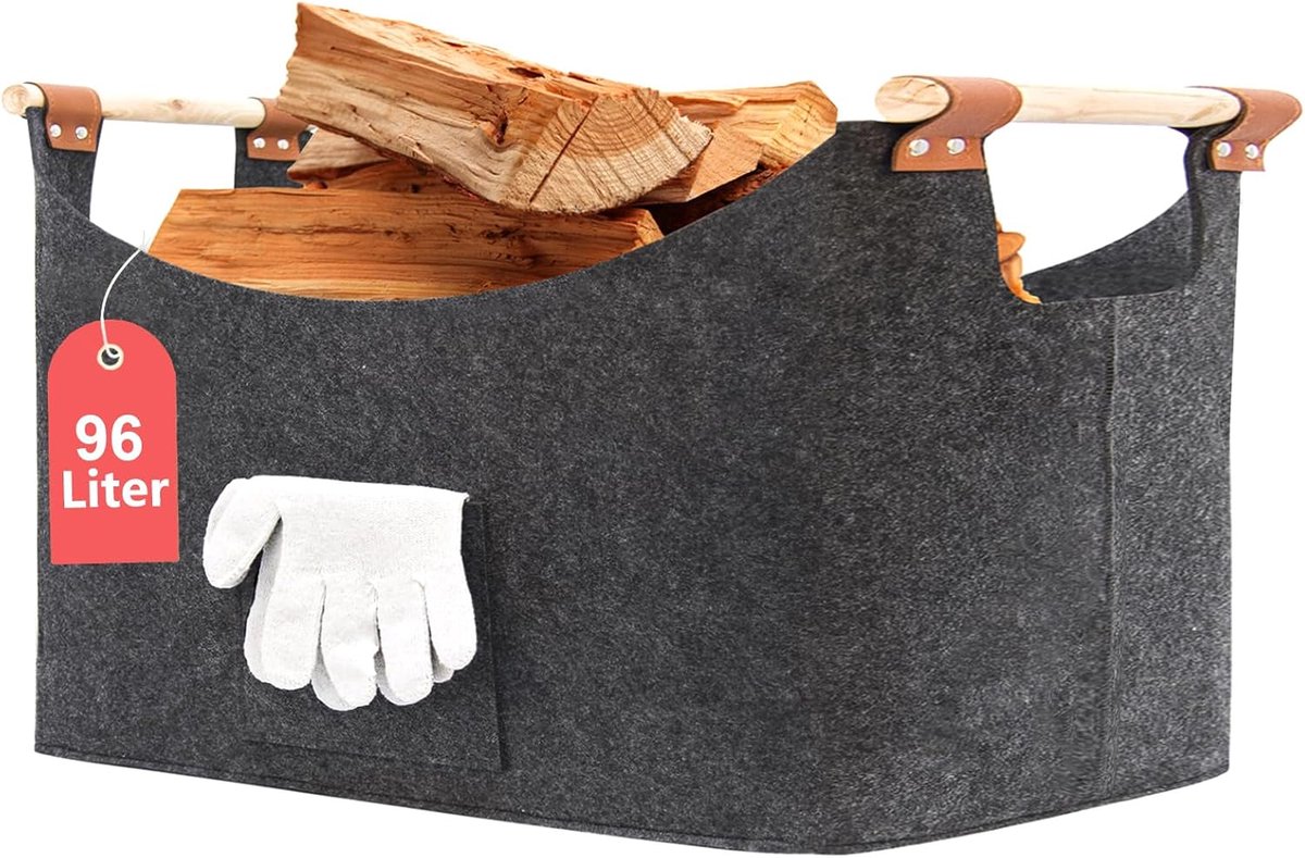 Houten mand voor haardhout, 96 liter, met handschoenen, 60 x 40 x 40 cm, grote vilten mand voor het opbergen van brandhout, kranten, hout