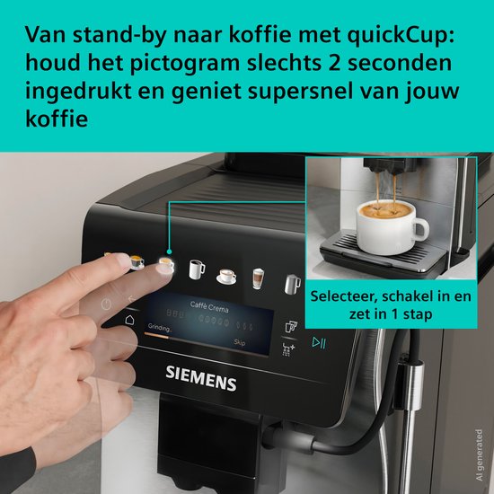 Hand drukt op touchdisplay van Siemens volautomaat espressomachine, met inset van koffiezetproces.