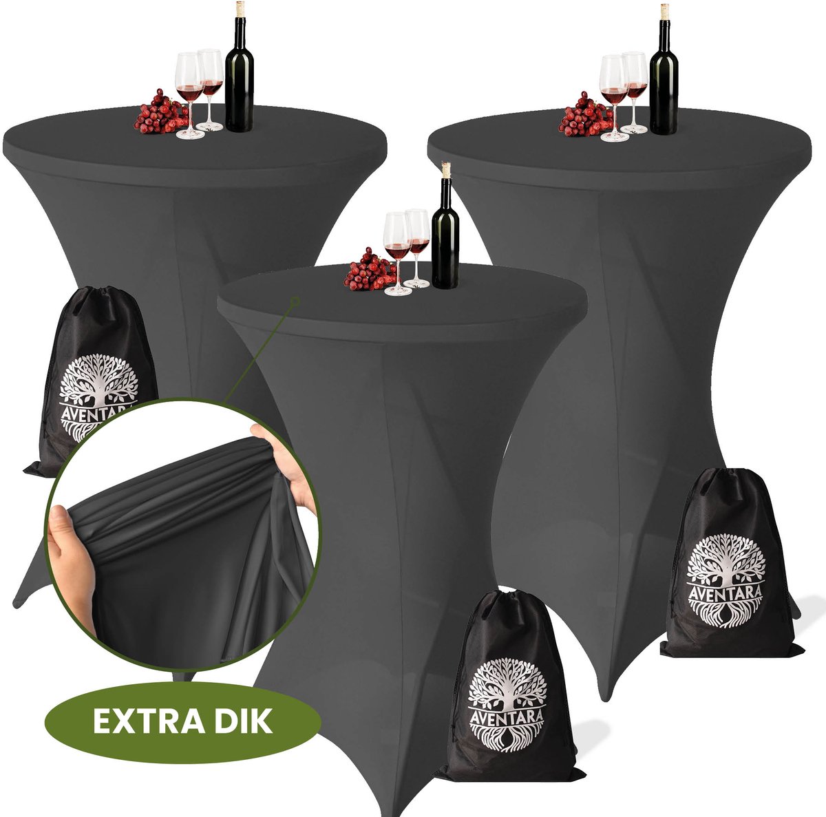 Statafelrok Grijs x 3 – Ø80-85 x 110 cm – Luxe Extra Dikke Stretch Stof – Inclusief Opbergtas – Kras- en Kreukvrije Statafelhoes – Perfect voor Horeca, Bruiloften en Feesten