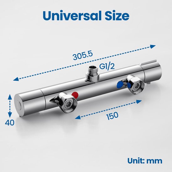 Zilverkleurige douchethermostaat met universele maatvoering: 305,5 mm lengte, 40 mm breedte, G1/2 aansluiting.