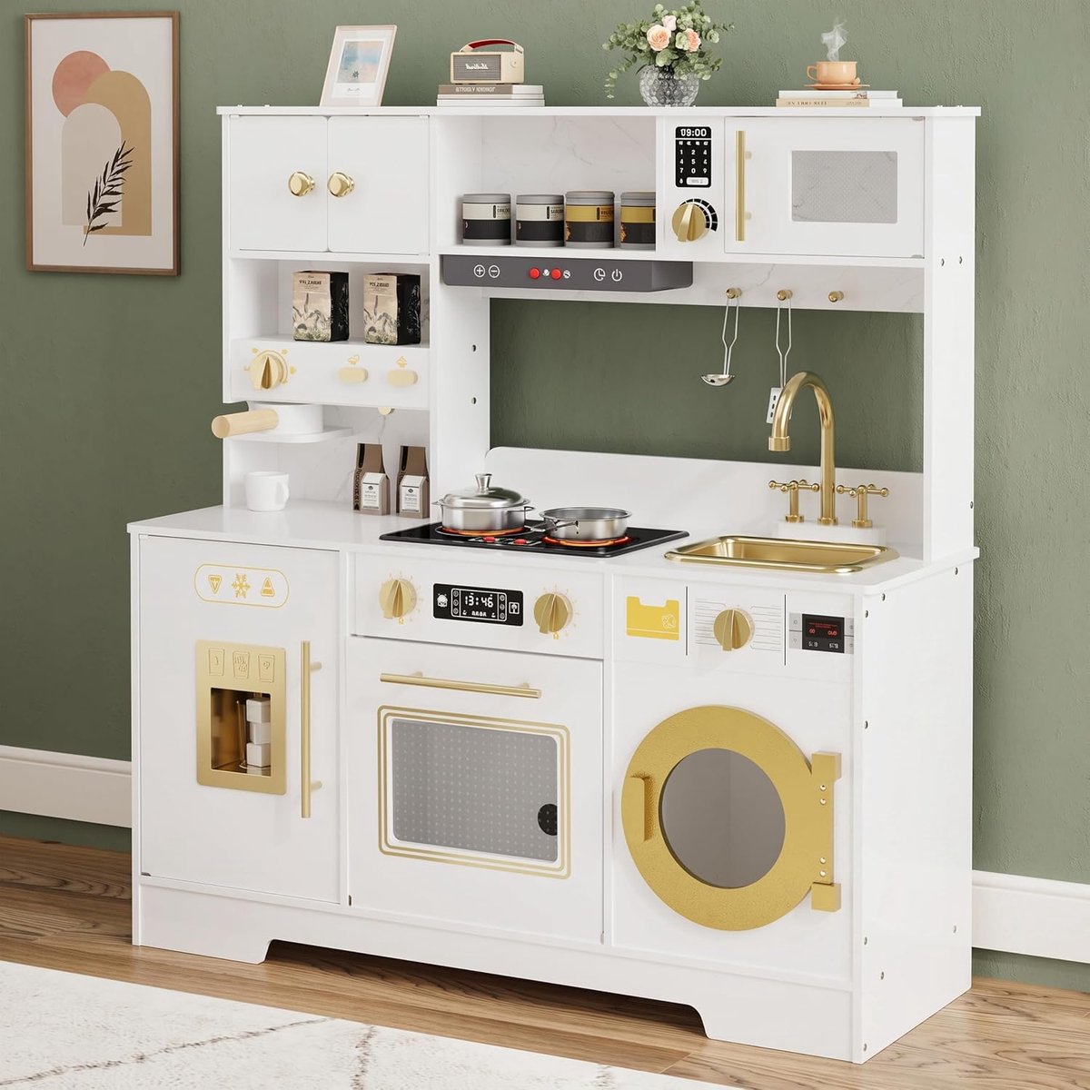 Houten Speelkeuken voor Kinderen - Met Realistisch Licht en Geluid - Inclusief Accessoires - Oven, Magnetron, IJsmaker & Koffiezetapparaat