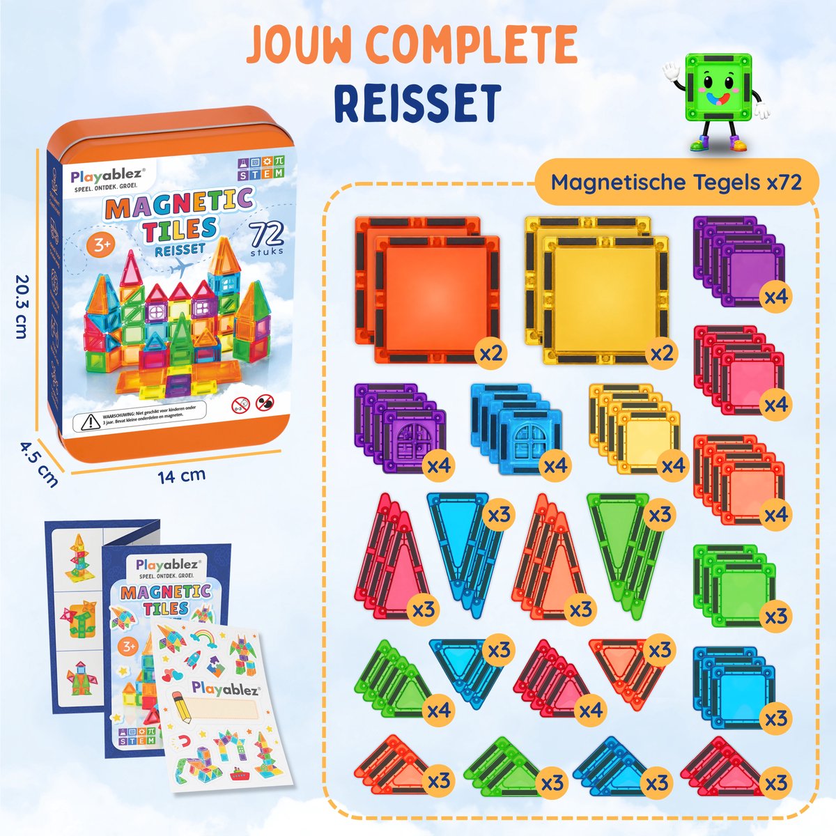 Playablez Mini Magnetic Tiles Travel Set - 72 Stuks - Magnetische Tegels Reisset met Opbergblik - Reisspeelgoed voor Onderweg - Magnetisch Bouwspeelgoed Montessori Speelgoed voor in de Auto in het Vliegtuig - Magna Magneten Speelgoed Jongens Meisjes — cadeau in Spellen & Speelgoed - foto 4