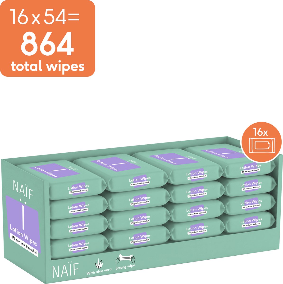 Bol.com Naïf - Sterke Lotion Wipes - 0% parfum 0% alcohol – met Aloë Vera - 864 doekjes (16 stuks x 54 doekjes) aanbieding