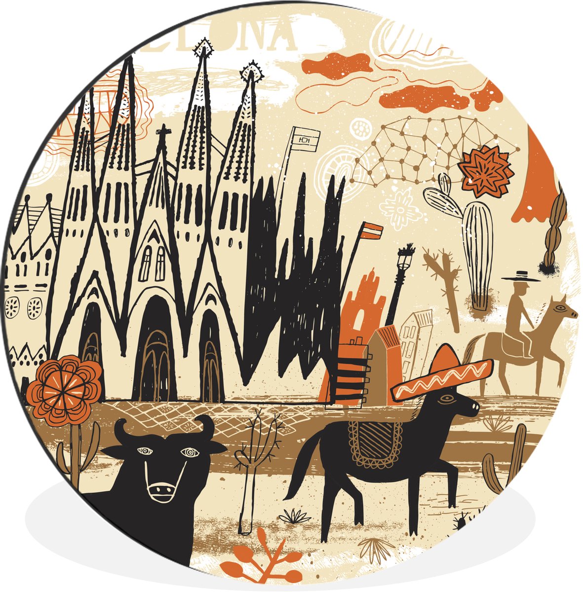 WallCircle - Wandcirkel - Muurcirkel - Een vector illustratie van Barcelona - Aluminium - Dibond - 60x60 cm - Binnen en Buiten
