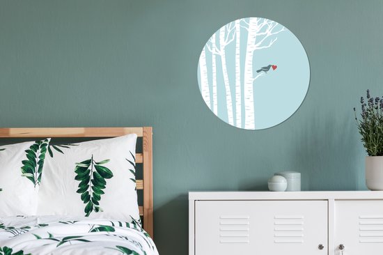 illustration d'un oiseau avec un coeur dans un bouleau Cercle mural aluminium ⌀ 60 cm - impression photo sur cercle mural / cercle vivant / cercle de jardin (décoration murale)