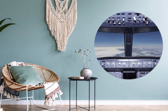 WallCircle - Wandcirkel - Muurcirkel - Cockpit - Wolken - Vliegtuig - Aluminium - Dibond - 140x140 cm - Binnen en Buiten