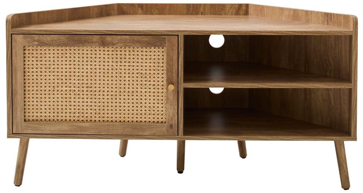 CALICOSY - Hoek TV-meubel met 1 deur en rotan front en 2 open nissen L120 cm - PALMO