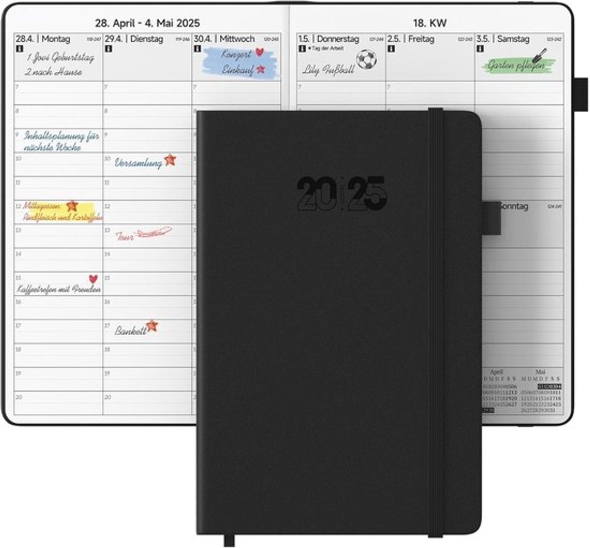 SnelShoppen - 2025 Kalender Weekplanner - 21 x 14.5 cm - Dagelijkse Planning met 14 Uur Schema - Hardcover - Voor Werk, Studie en Gezinsplanning - Zwa