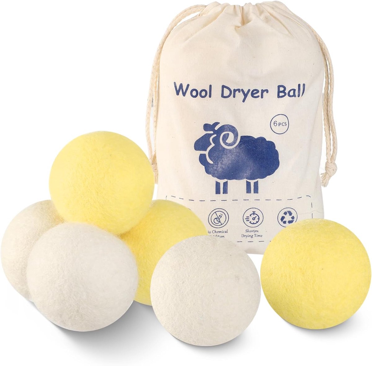 SnelShoppen - Wool Drying Balls XL 6-Pack Natuurlijke Wol Droogballen, Organisch, Herbruikbaar, Vermindert Kreukels en Droogtijd, Eco-vriendelijk