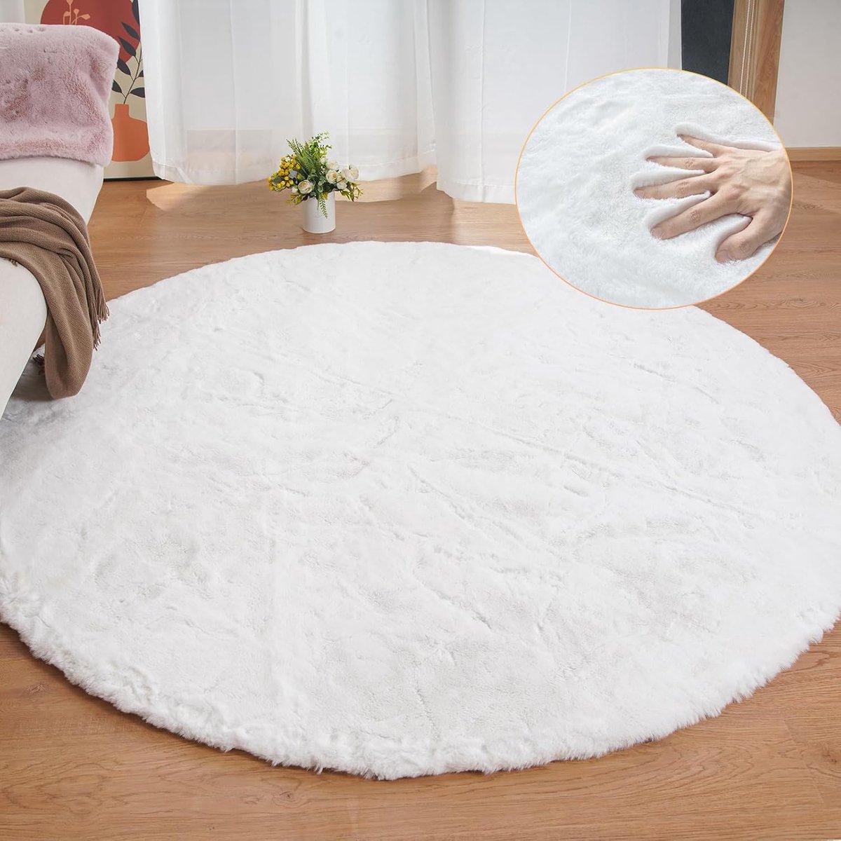 SnelShoppen - Groot Rond Tapijt 240 cm Wit Pluizig Imitatie Konijnenbont Vloerkleed Zacht voor Woonkamer, Slaapkamer, Kinderen, Feest en meer