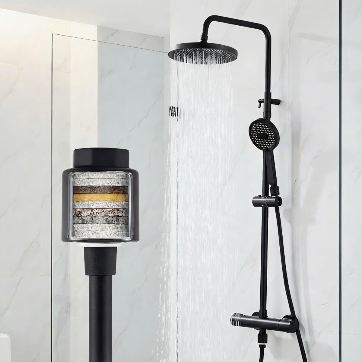 SnelShoppen - Douchesysteem met Thermostaat Zwart, Compleet Douchearmatuur Set met 25 cm Regendouche en Handdouche met 3 Straalsoorten voor Badkamer