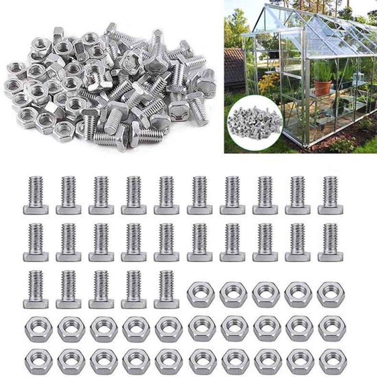 100 sets moeren en bouten voor de bouw en reparatie van kassen, inclusief zeskantmoeren en bouten met vierkante kop.