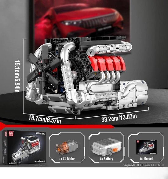 Gedetailleerd V8 motor model met zilveren en rode accenten, met afmetingen aangegeven. De doos toont het model en de meegeleverde motor, batterij en handleiding.