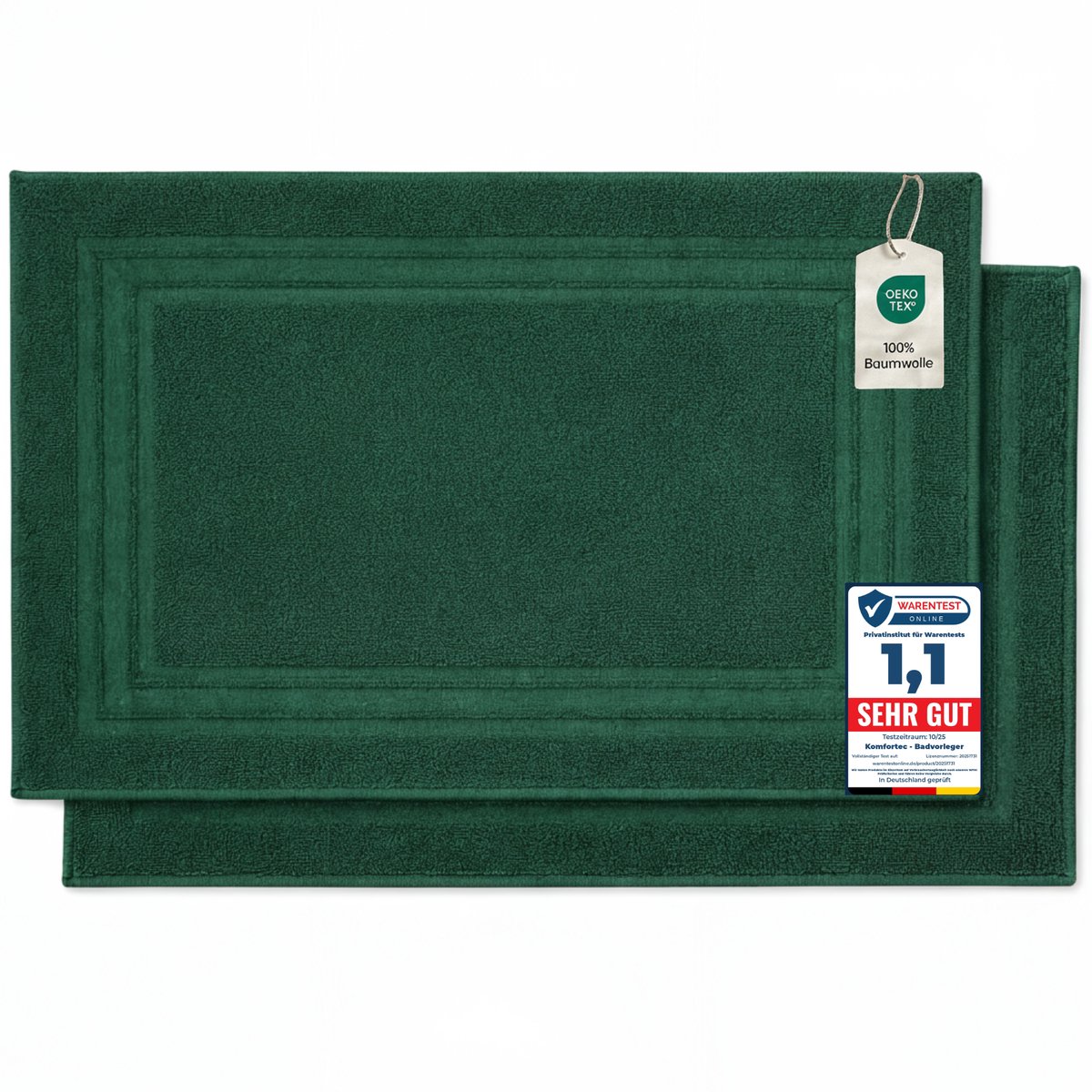 Komfortec Badmat Set - 2 stuks - Handdoek Dikte - Hotelkwaliteit - 50x70 cm - 100% Katoen - Zachte en Absorberende Douchemat/Handdoek - Donkergroen