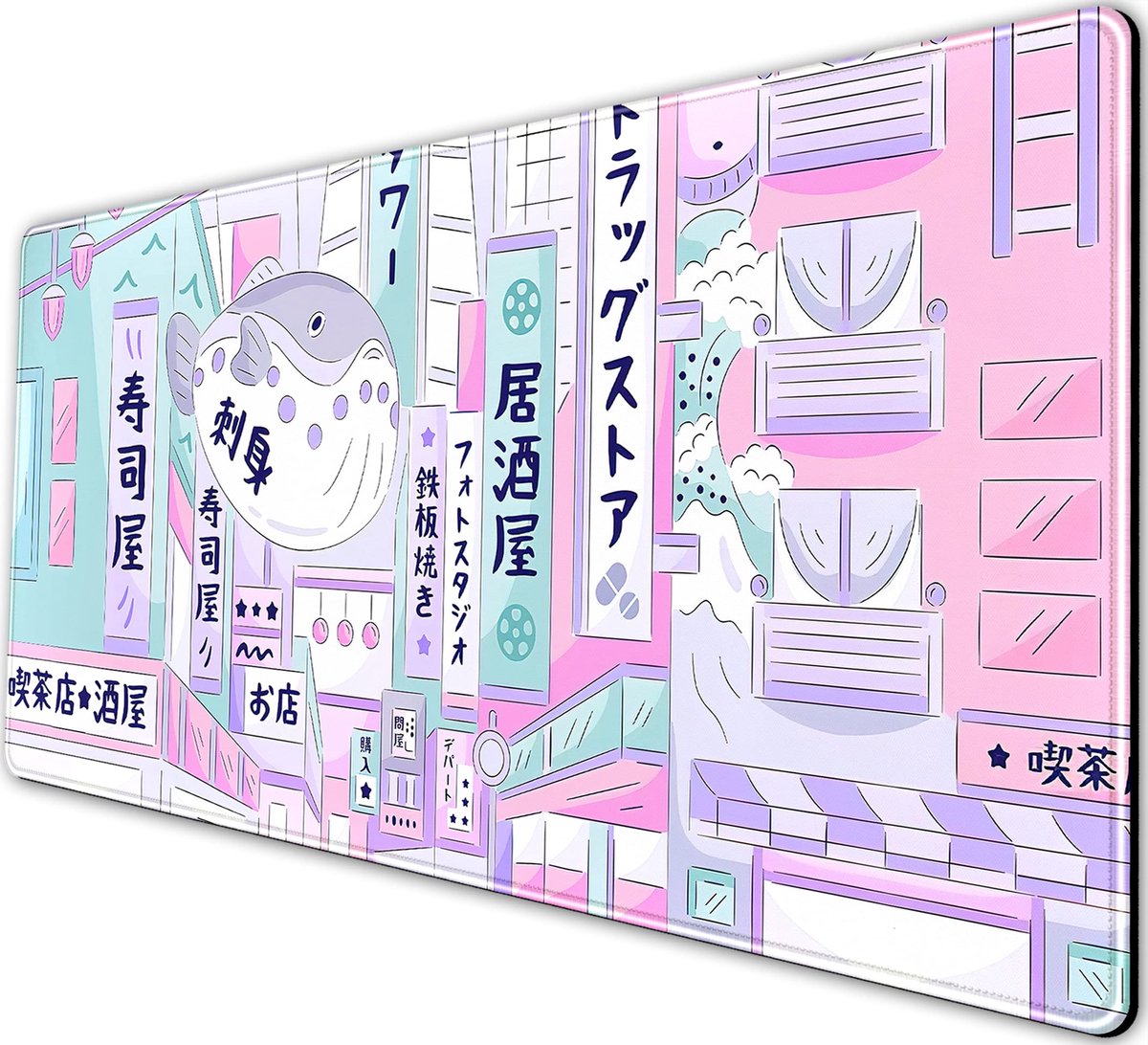 SnelShoppen - Pastel Tokyo Street Muismat - Kawaii Anime Bureaumat - Grote Gaming Desktop Mat - Laptop Bureauonderlegger - Beige - Antislip Rubber Ond