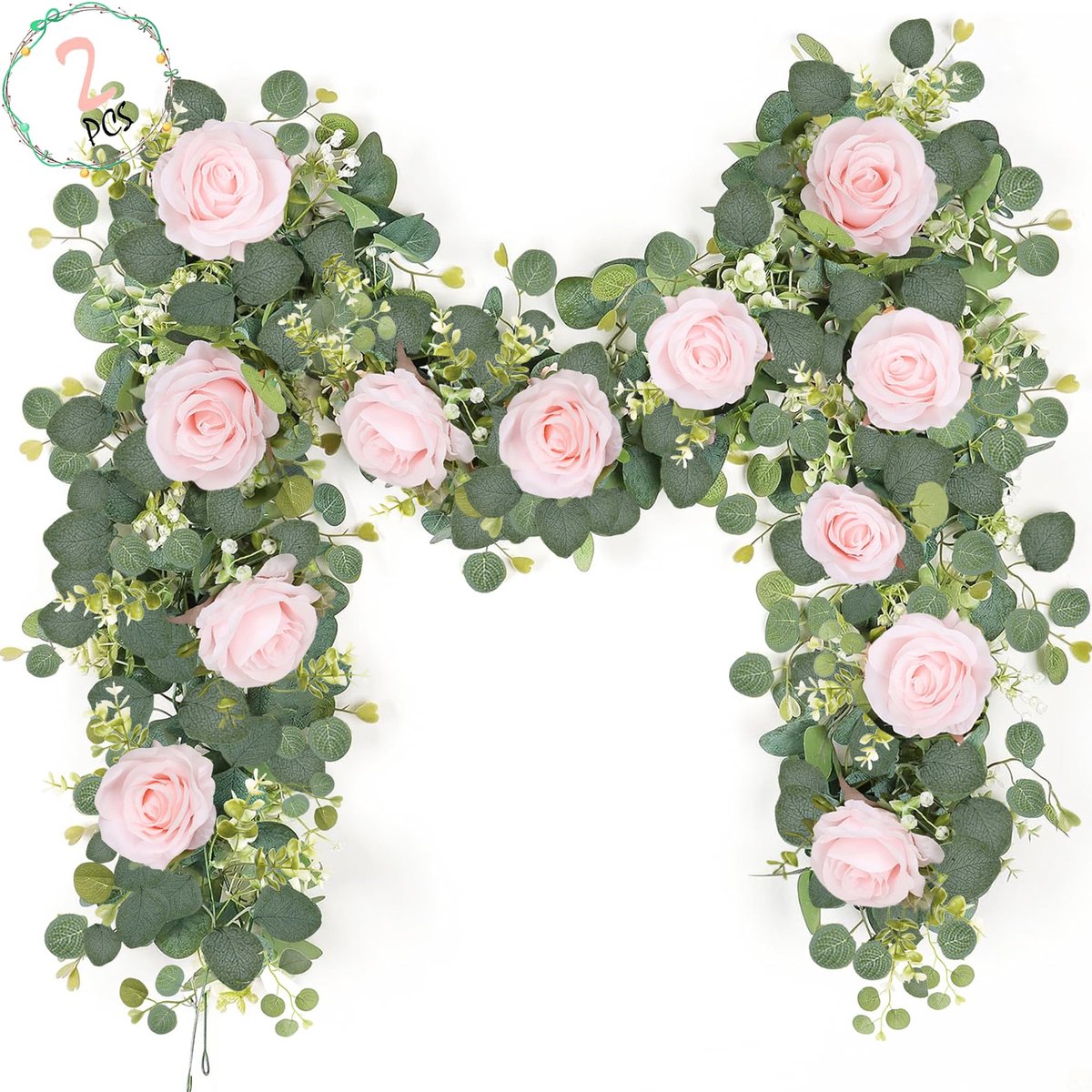 SnelShoppen - 2 stuks 1,8 m kunstbloemenslinger rozen en eucalyptus, decoratieve ranken, hangende bloemen voor bruiloft, muur, deurarrangement, roze