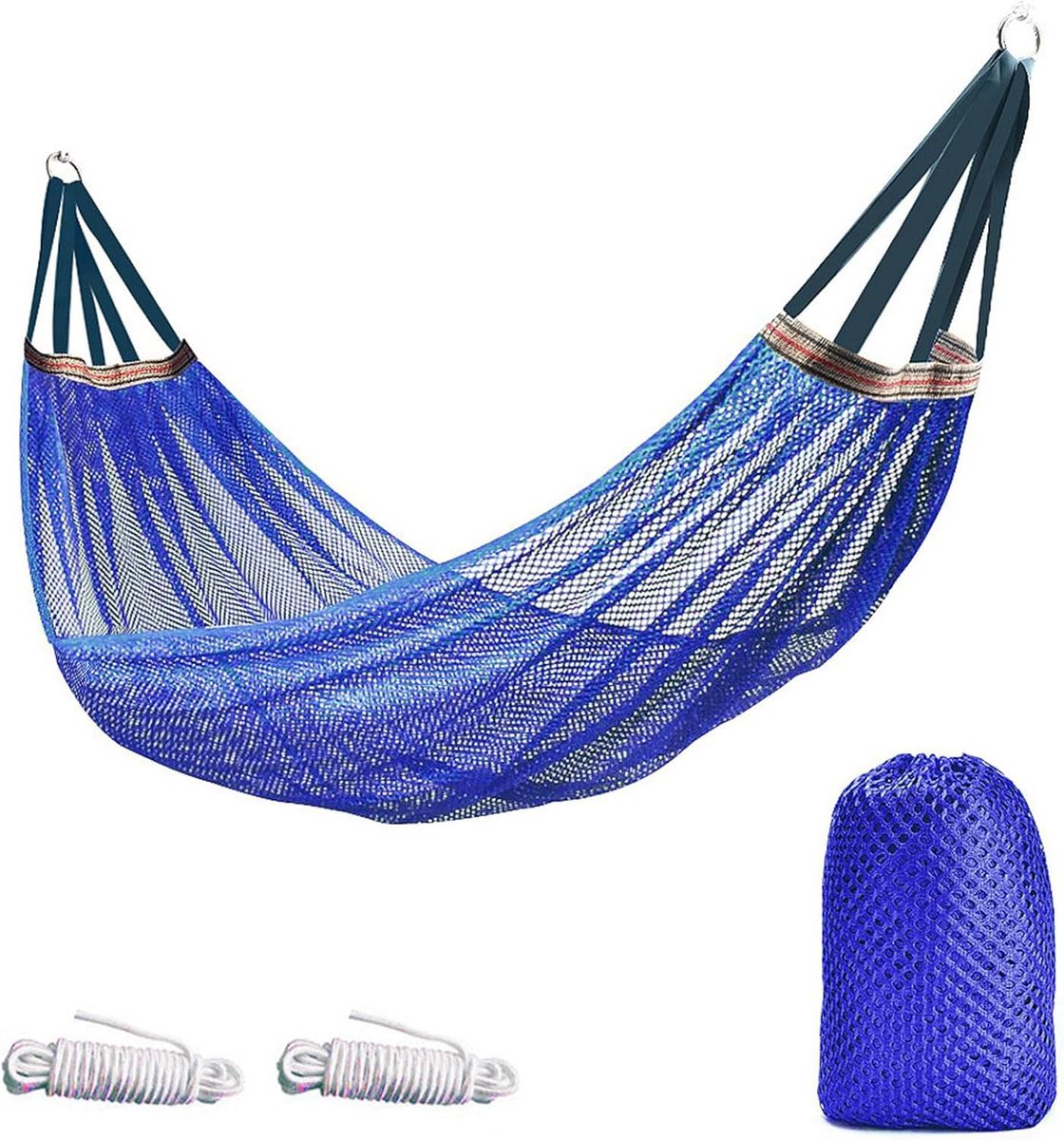 Hangmat voor Camping, Tuin en Reizen - 251 kg Maximaal Draagvermogen - Blauw Touwhangmat van Nylon Gaas - Ademend en Lichtgewicht Outdoorsysteem - Compacte Reishangmat voor Strand en Terras