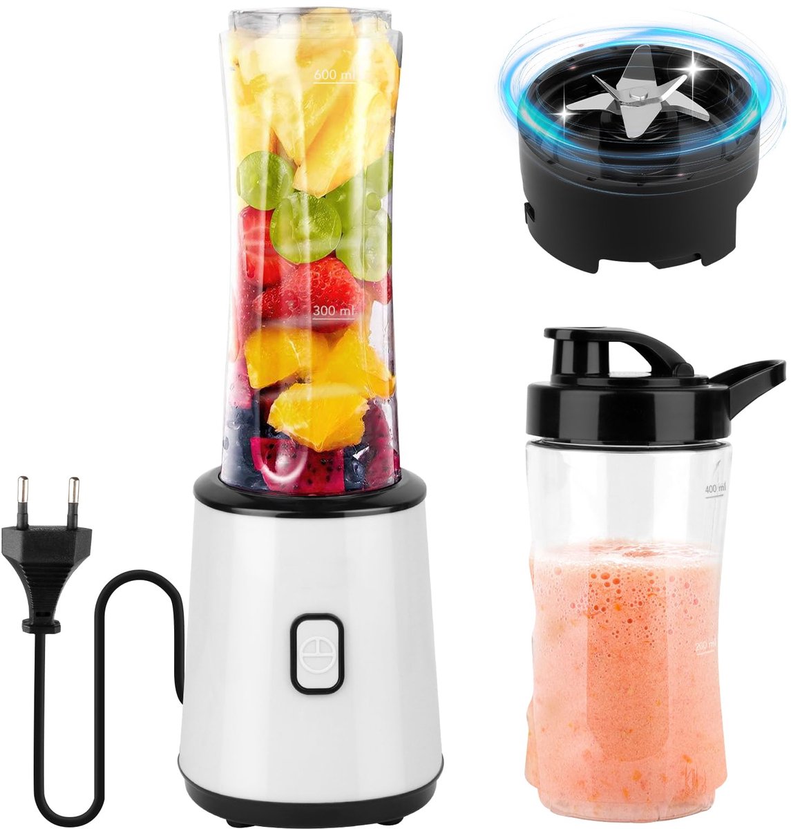 SnelShoppen - Blender voor Smoothies, Shake Mixer, Elektrische Mixer 300W, BPA-vrij, 23.000 omw/min, Dubbel Glas Ontwerp met 600ml + 400ml Sportflesse