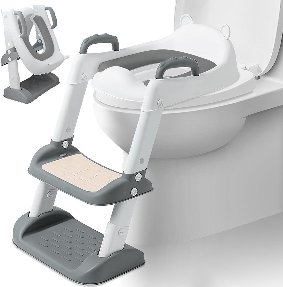 SnelShoppen - Qintora Trainer voor Kinderen met Trappen, Toilettrainer met PU-pad, Verstelbaar van 38-47 cm, Grijs, Ideaal voor Zindelijkheidstraining