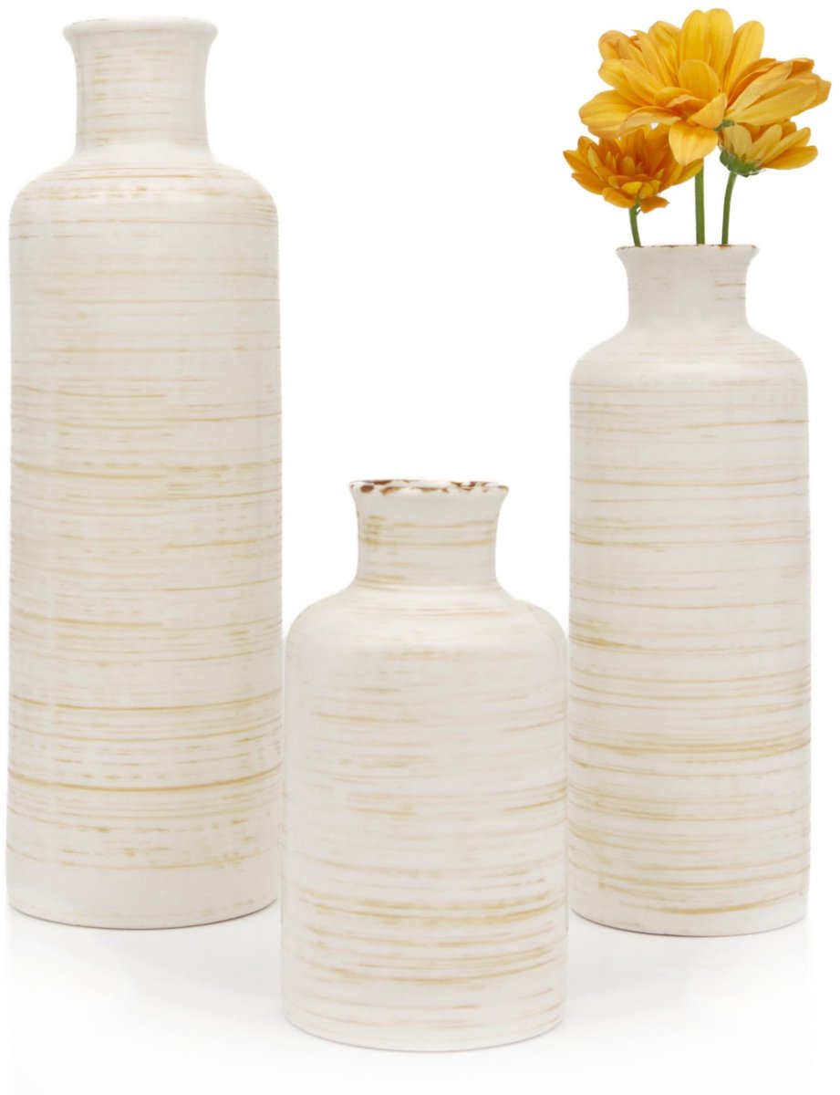 SnelShoppen - Set van 3 Rustieke Vazen - Beige Decoratie voor Woonkamer, Bloemenvaas, Kleine Vazen voor Slaapkamer, Esthetische Kamerdecoratie, Lente