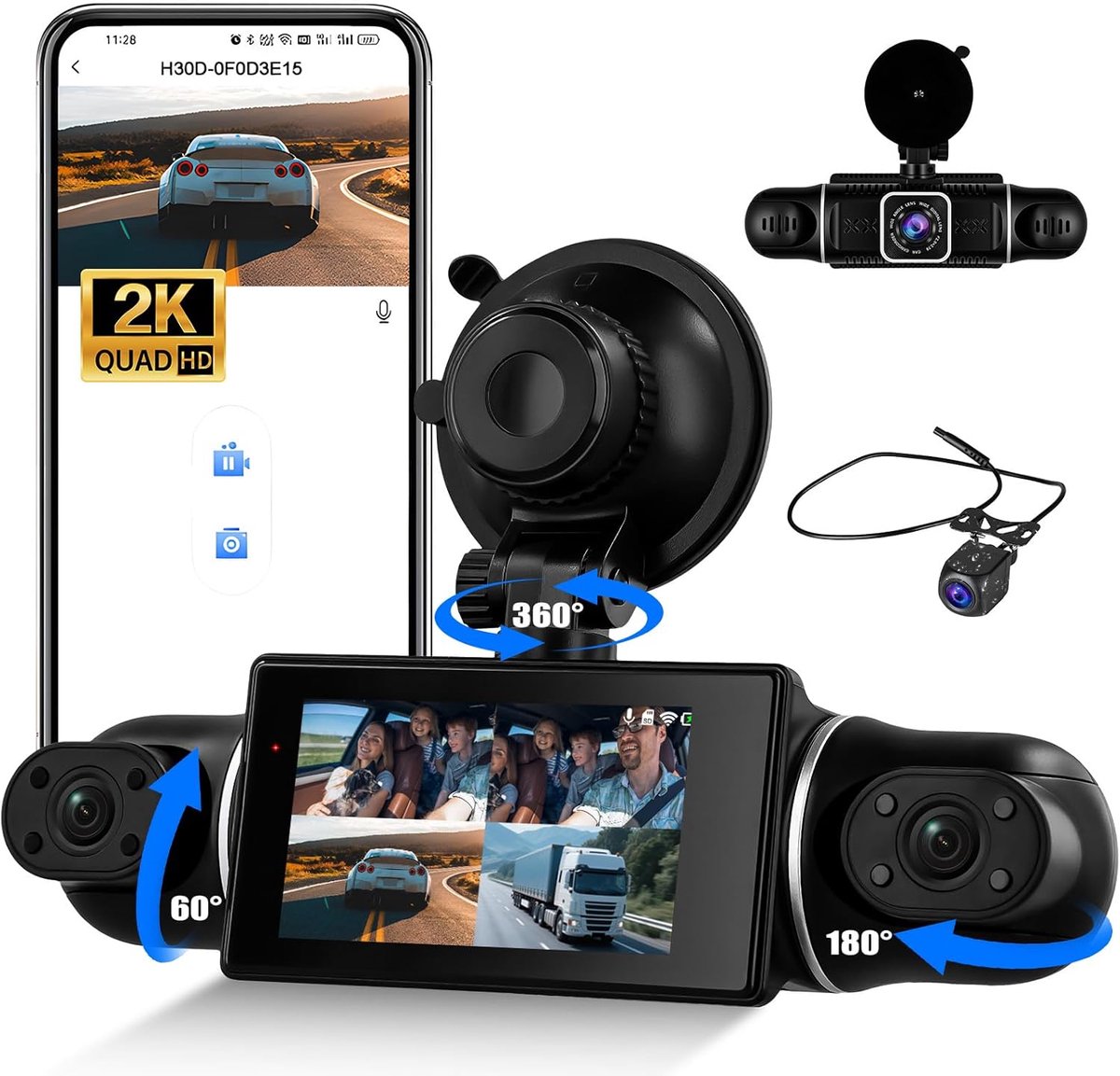 SnelShoppen - 2K Dashcam Voor en Achter 360° met Wifi, 4 Kanalen 2K + 3 * 1080P, Super Nachtzicht, Parkeerbewaking, G-sensor, Lusopname, App, Achterui